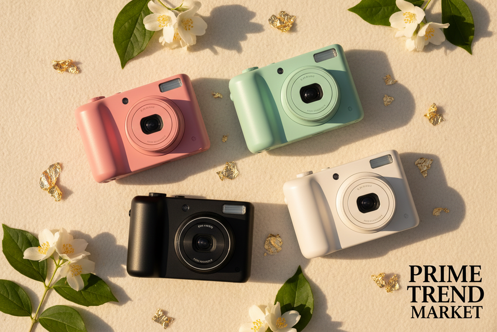 All 4 colors pink mint green black white mini cameras flat lay