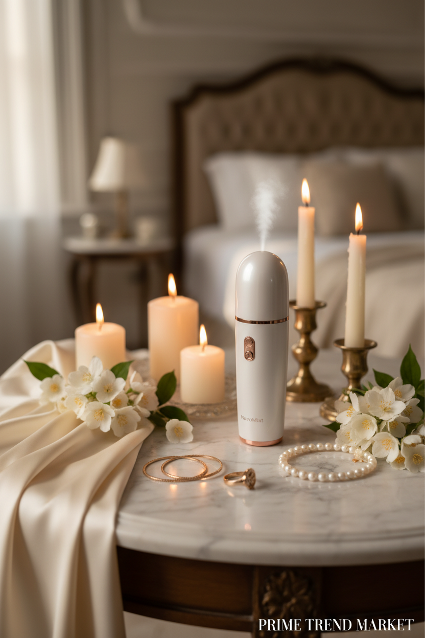 NanoMist sprayer on luxury vanity with candles and jasmine flowers