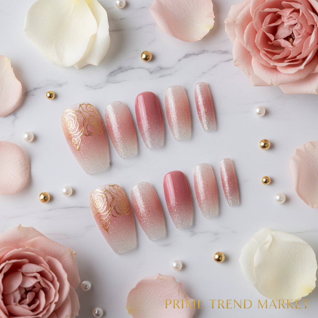 Ballet Gradient Glitter Coffin Press-On Nails — Marble Flat Lay