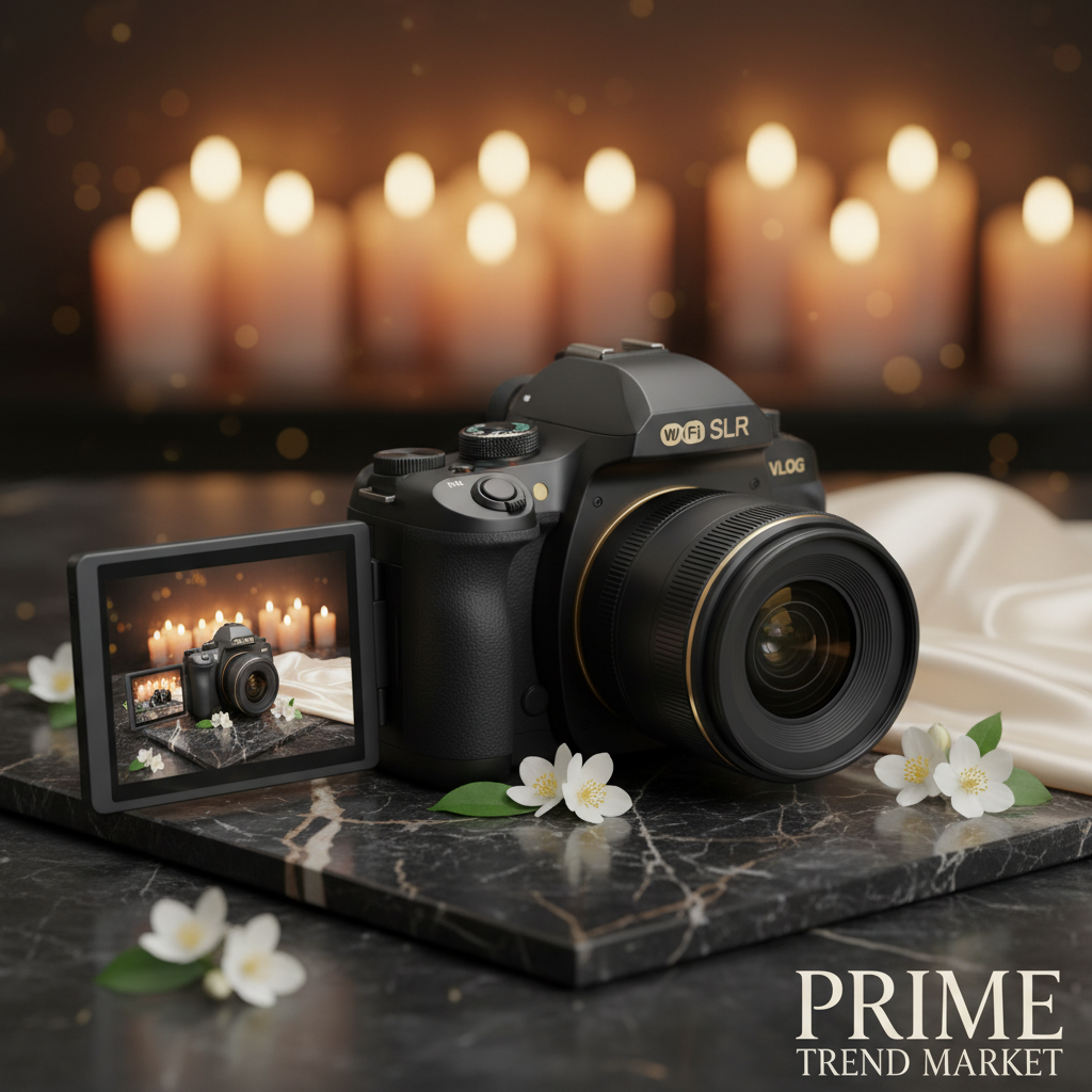 HD WiFi Flip Screen Vlogging Camera on dark marble with gold accents and jasmine flowers