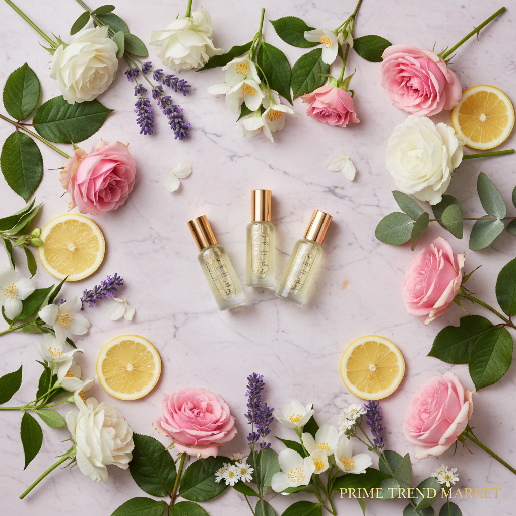 Nail oil bottles with fresh botanicals on pink marble