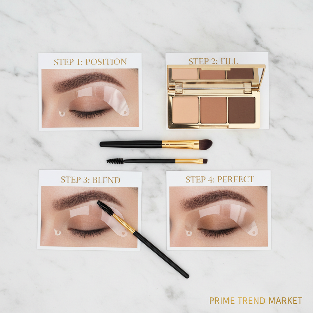 Brow tutorial flat lay eyebrow stencil card powder palette angled brush marble editorial