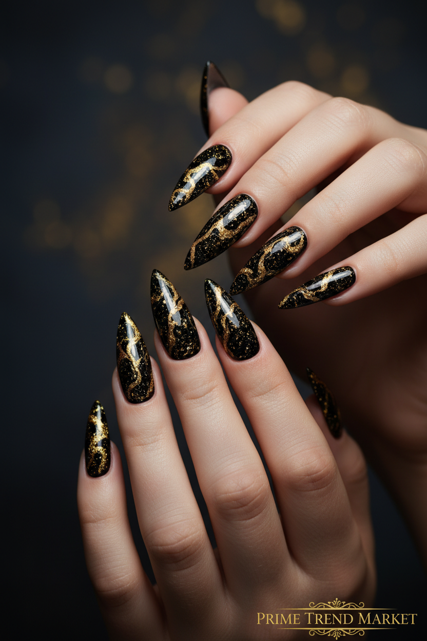 Black Gold Glitter Stiletto Nails — Hands Lifestyle