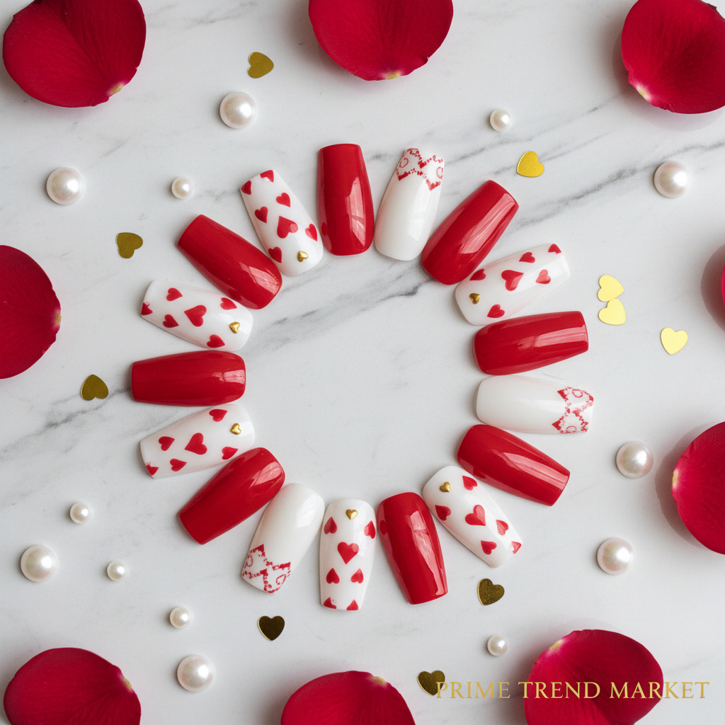 Red and white heart nail art press-on nails arranged in circle on white marble with rose petals and pearl drops
