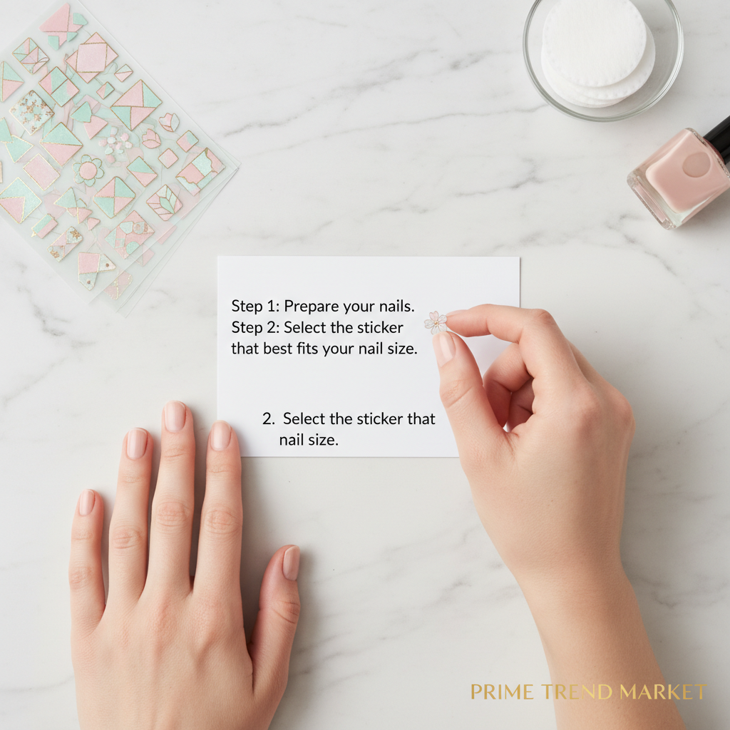 Nail sticker application tutorial flat lay