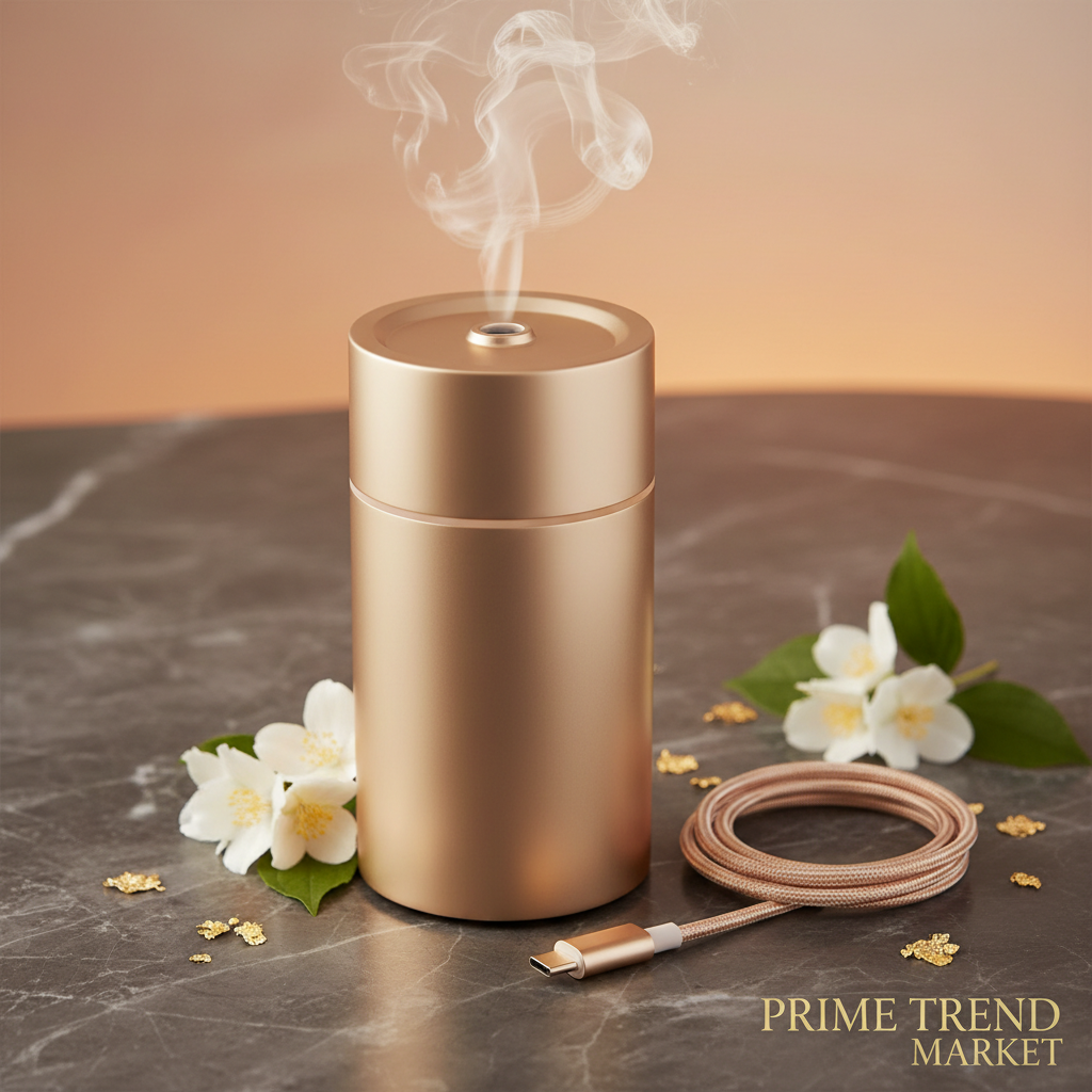 Champagne gold cylindrical aroma diffuser with mist rising on dark marble with jasmine
