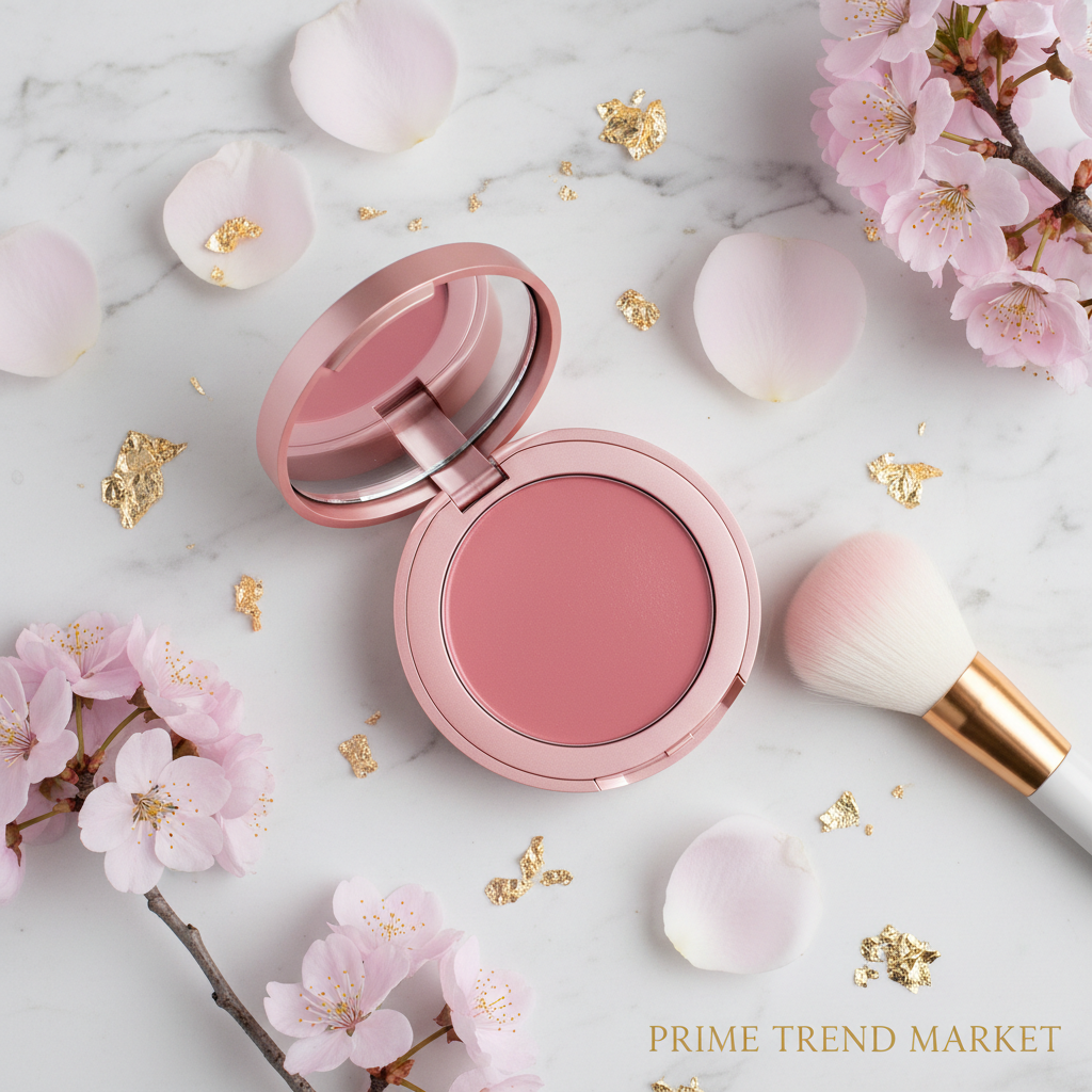 PHOFAY Gloss Visage Blush flat lay on marble with rose petals and gold accents