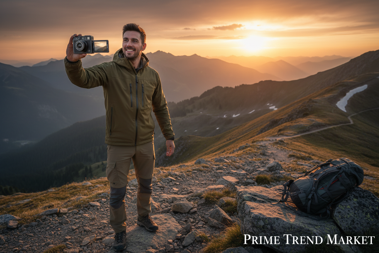 Male hiker vlogger using 270° rotating pocket camera on mountain trail at golden sunset
