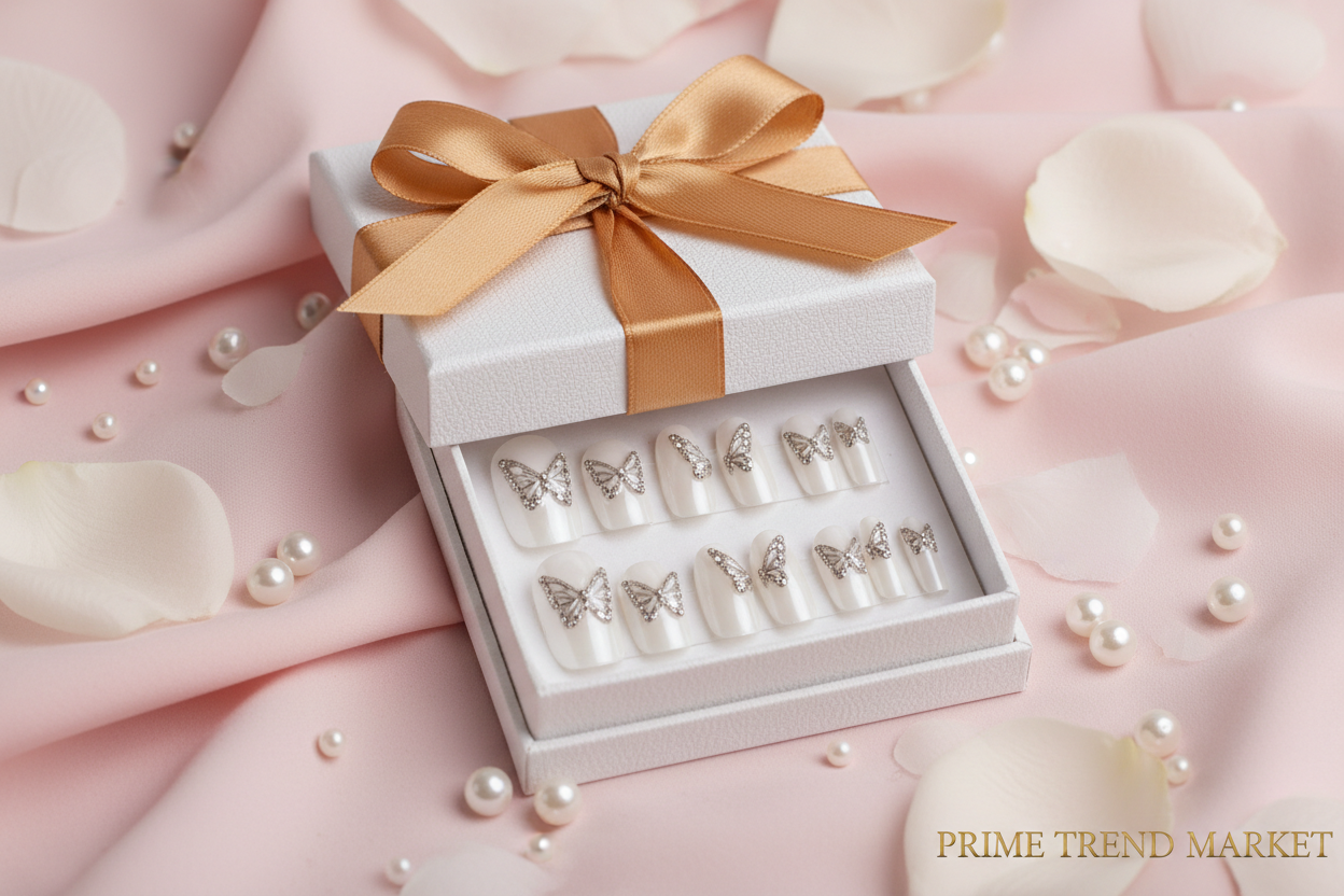 White diamond butterfly nails bridal gift box - Prime Trend Market