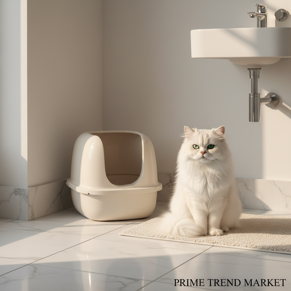 Premium small square offwhite cat litter box in minimalist white bathroom with fluffy white cat