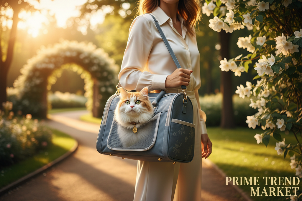 Woman carrying grey blue Oxford pet bag with cat