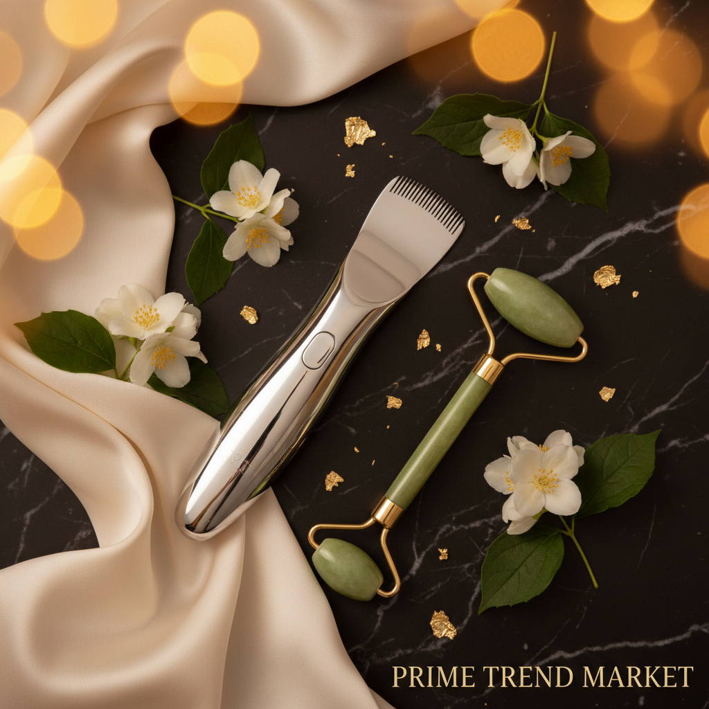 Ultrasonic Skin Scrubber and Crystal Jade Roller Spa Set luxury flatlay on dark marble