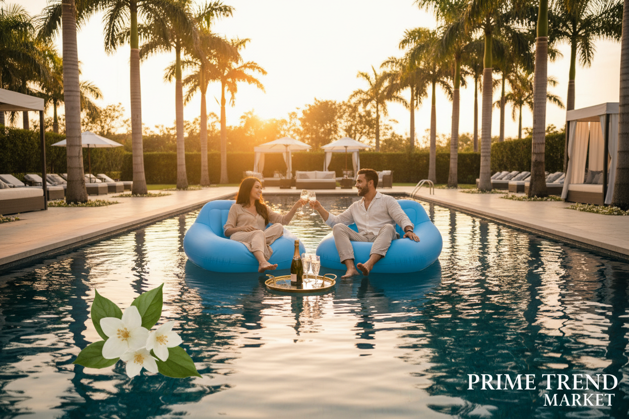 Couple relaxing on two giant blue inflatable pool float recliners at golden hour