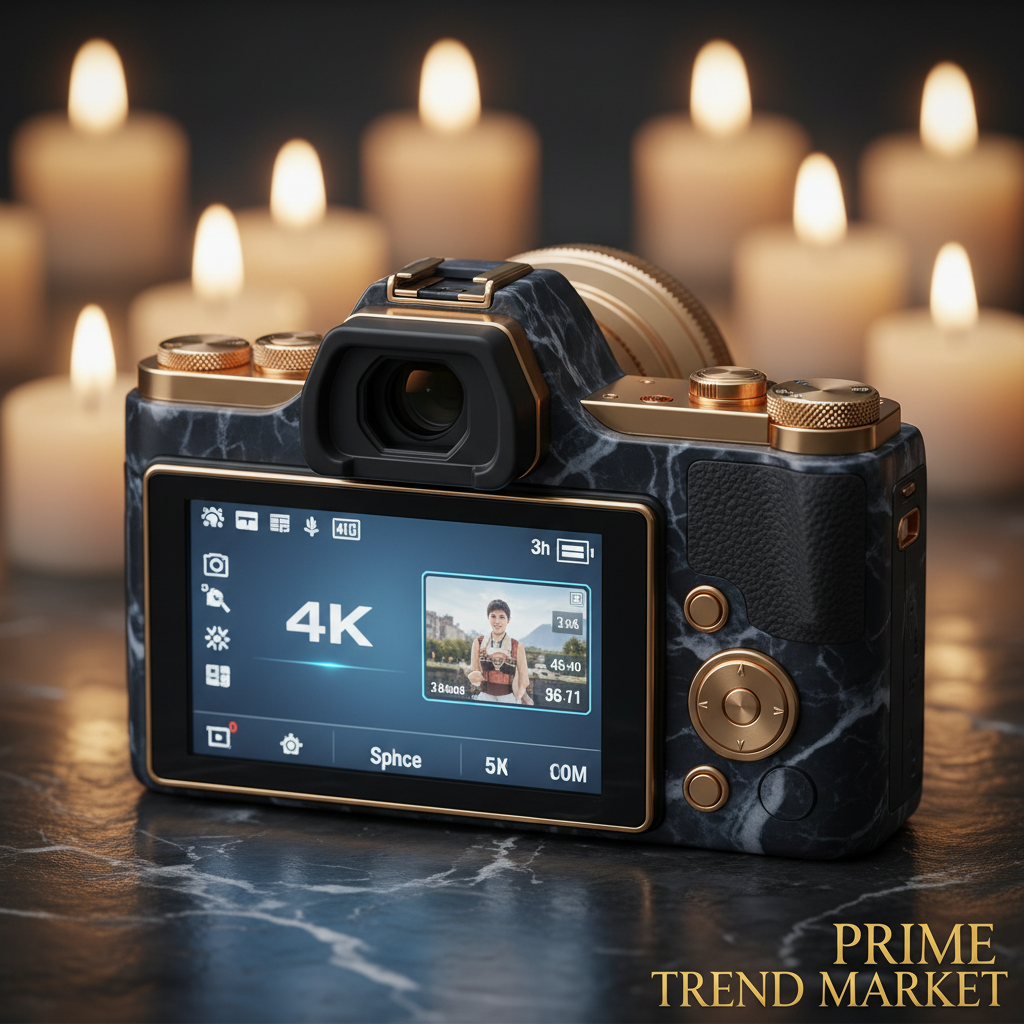 4K Camera touch screen close-up on dark marble background