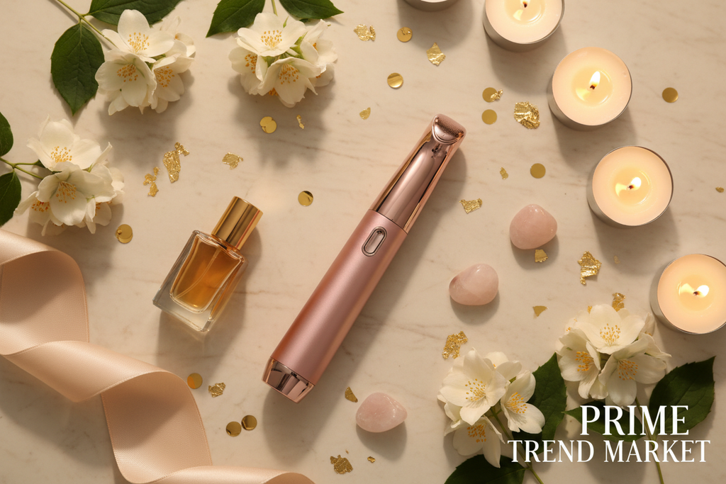 Luxury Pore Cleansing Facial Massager Vanity Flatlay Jasmine Crystals Gold