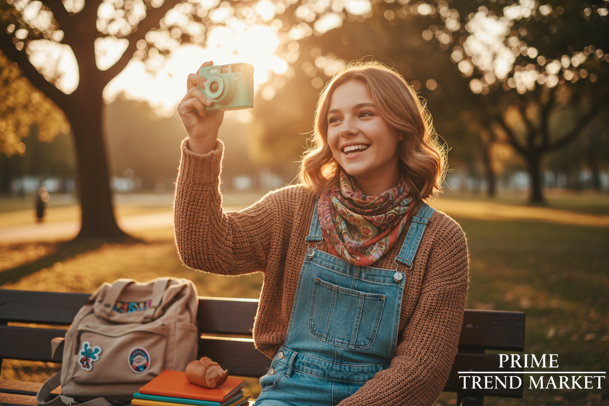 Teen girl holding mint green mini camera at golden hour lifestyle shot