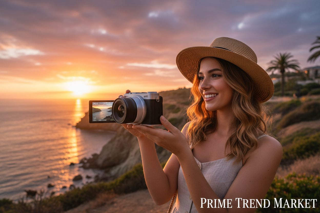 Young woman vlogger holding HD WiFi flip screen camera at golden hour