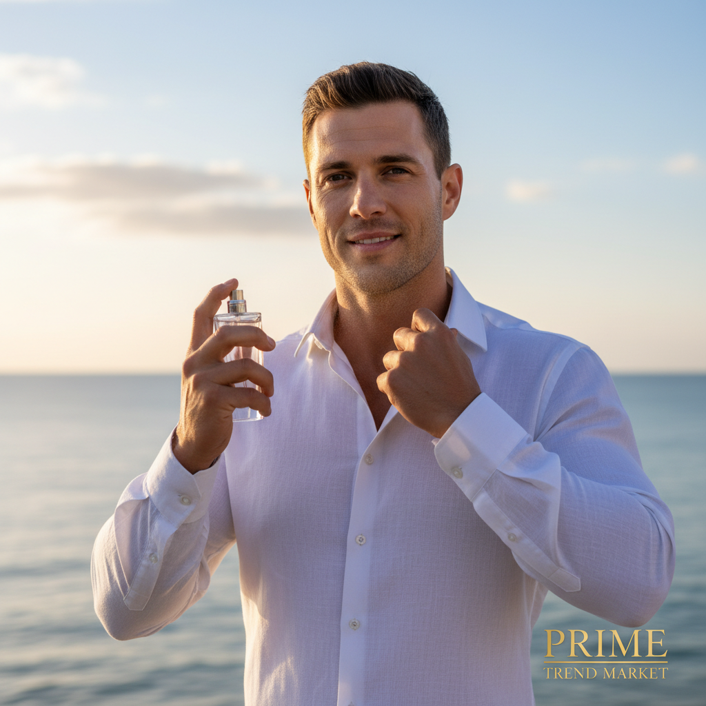 Athletic man in white shirt spraying cologne with ocean horizon in background
