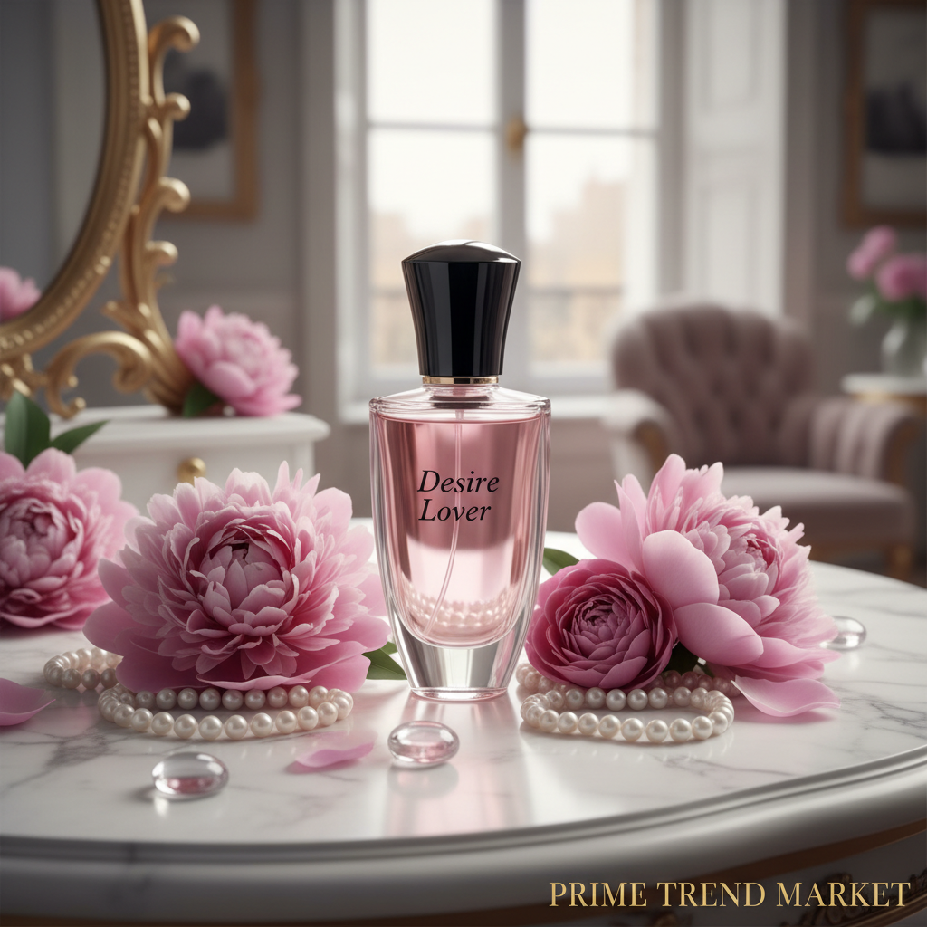 Desire Lover perfume bottle on marble vanity with pink peonies and pearls