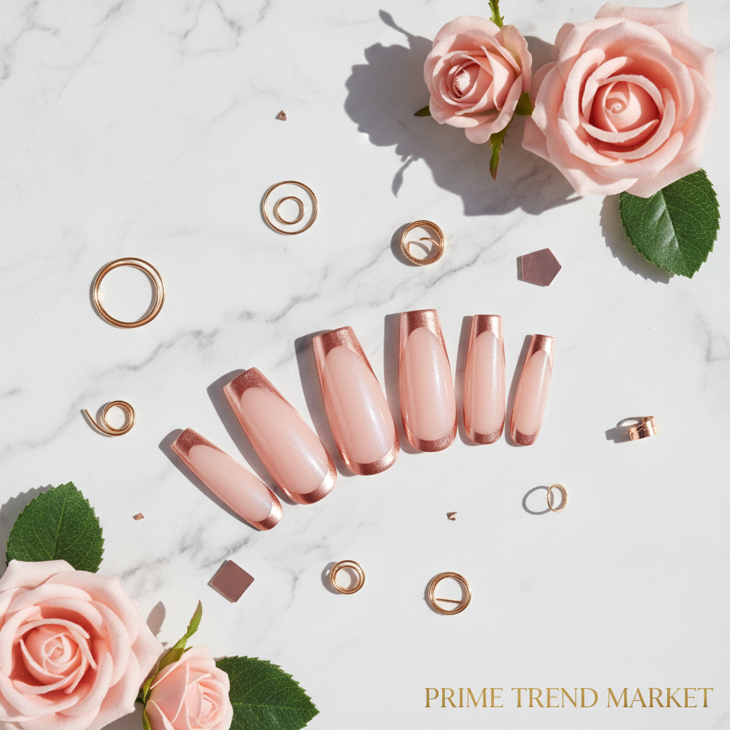 Rose Gold French Ballet Press-On Nails — Flat Lay