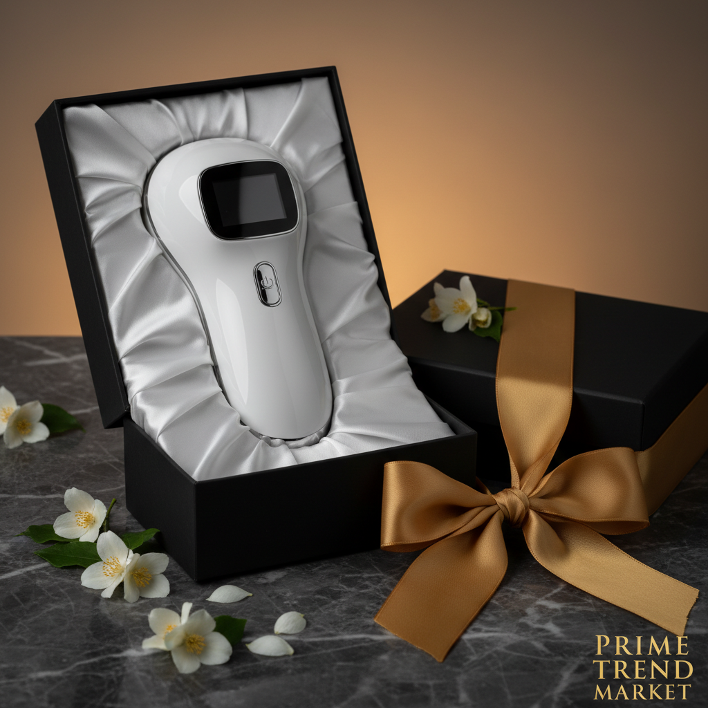 White luxury smart hand massager in matte black gift box with jasmine petals and gold ribbon