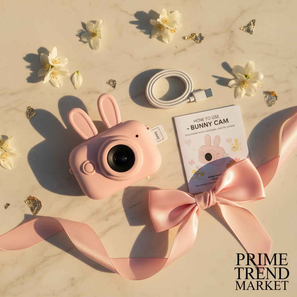 KidShot birthday gift flat lay with memory card and pink ribbon