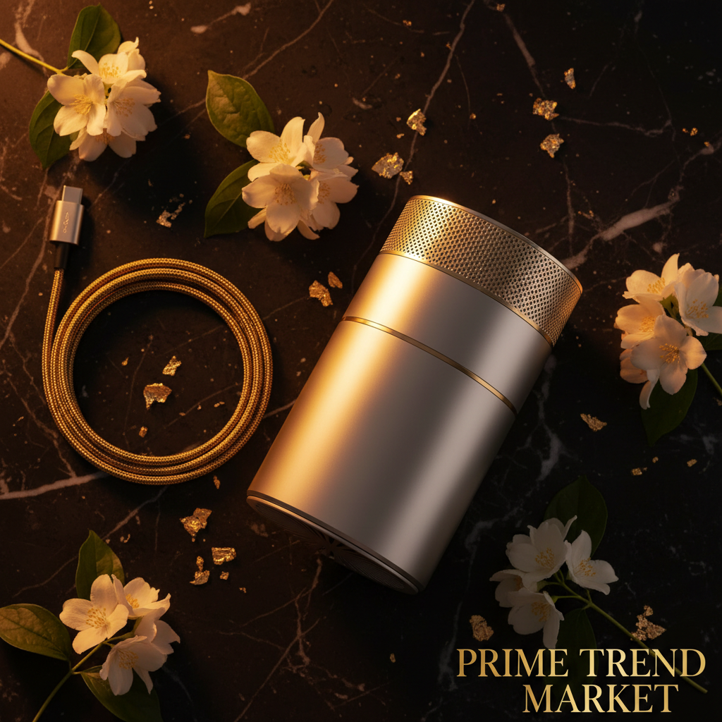 Flat lay of mini desktop air purifier with USB cable on black marble with jasmine flowers - Prime Trend Market
