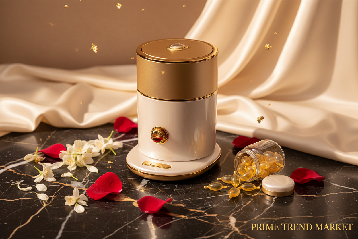 Elegant DIY Face Mask Maker on black marble with collagen capsules and jasmine petals