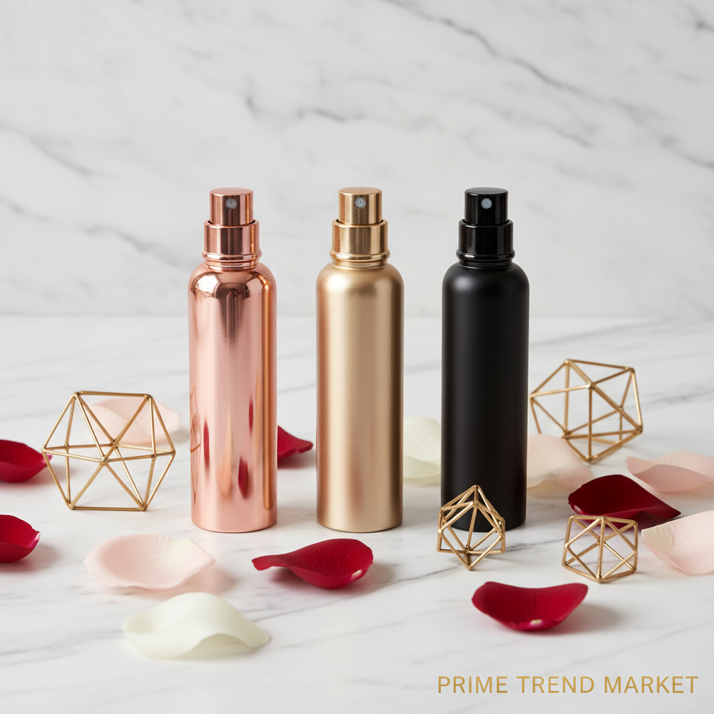 Luxury Travel Perfume Atomizer in Rose Gold, Champagne and Black on white marble - Prime Trend Market
