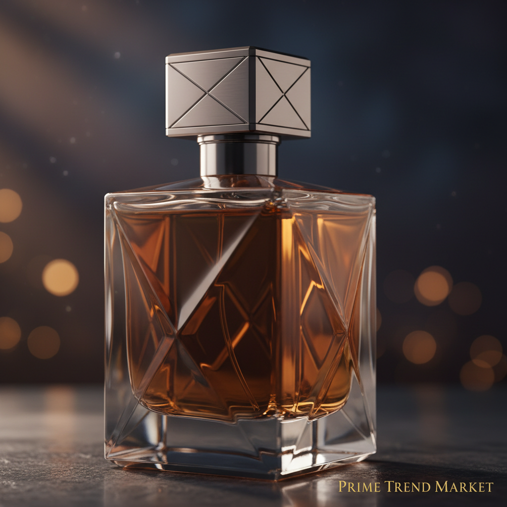 Macro close-up of niche perfume bottle with amber liquid and dark bokeh