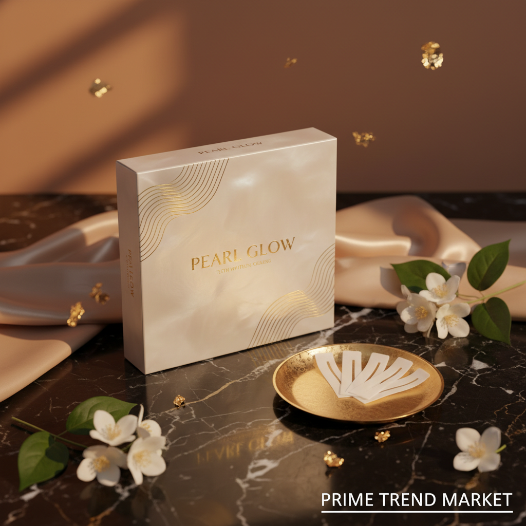 Professional teeth whitening strips package on dark marble with jasmine flowers and gold accents