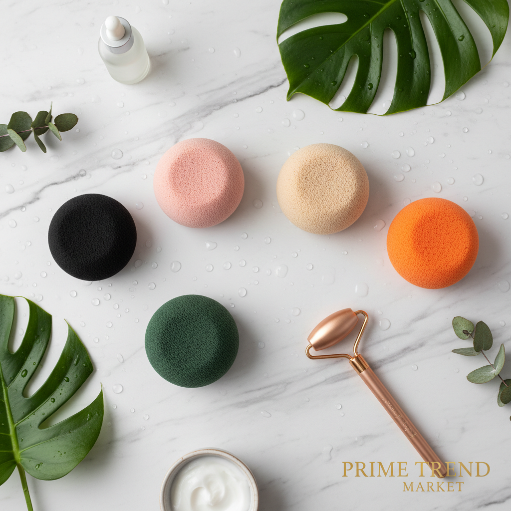 5 konjac facial sponges in black green pink beige and orange on marble with green leaves and water droplets