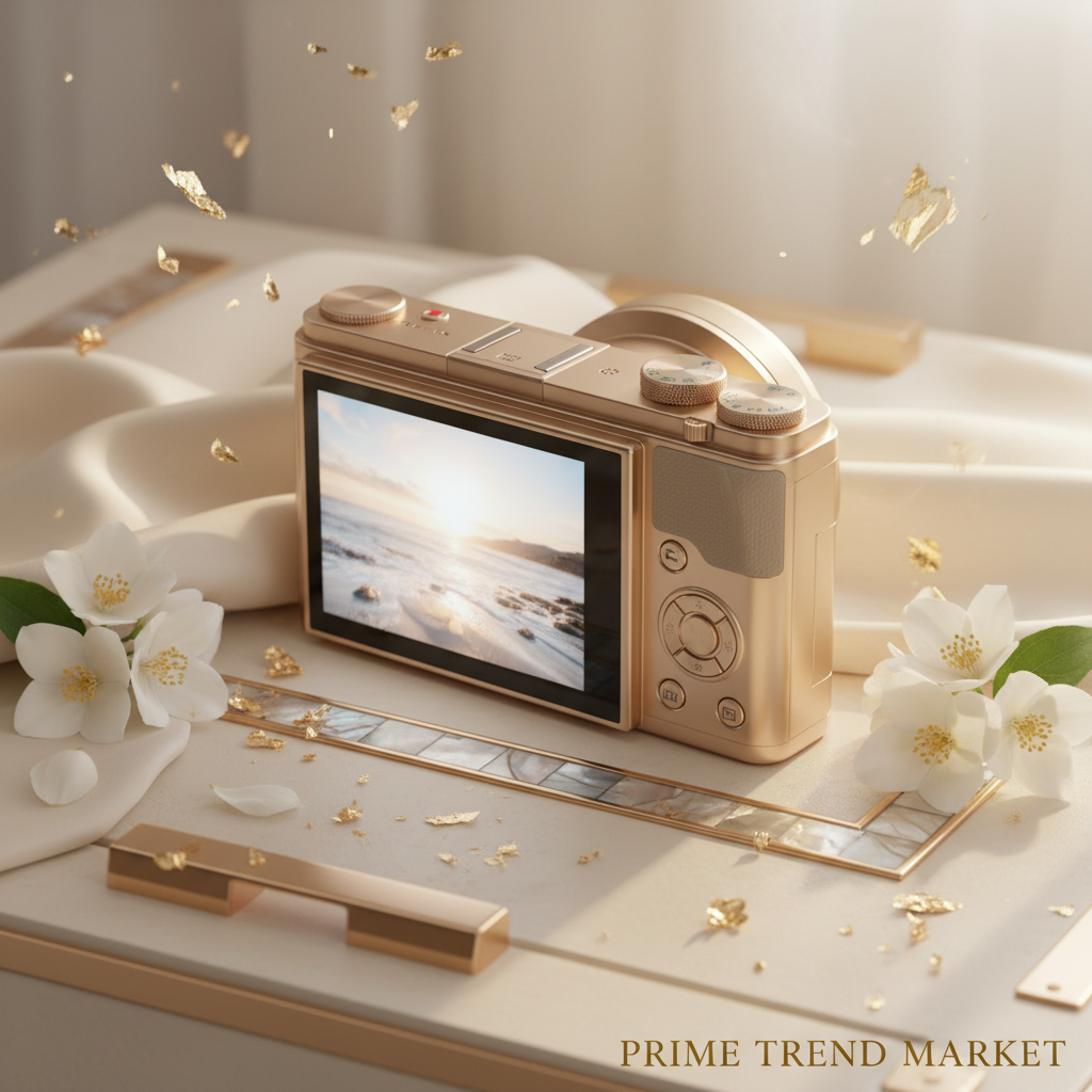 4K Creator Camera 3/4 angle showing IPS screen on cream ivory surface — Prime Trend Market