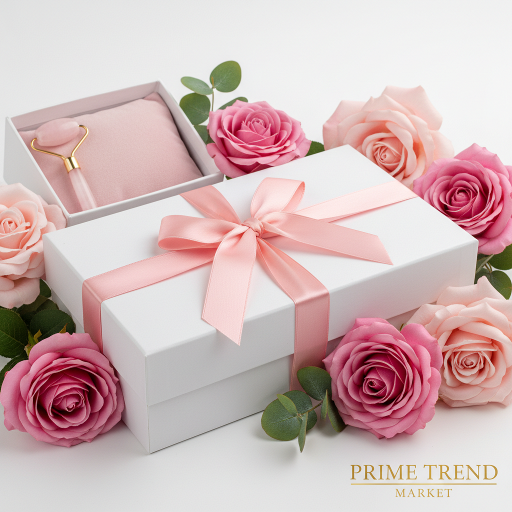 Facial massager in premium gift box with pink satin ribbon and roses for luxury spa gift