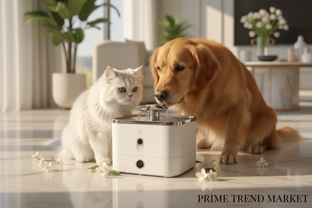 White Persian cat and golden retriever drinking from luxury white pet water fountain on cream marble