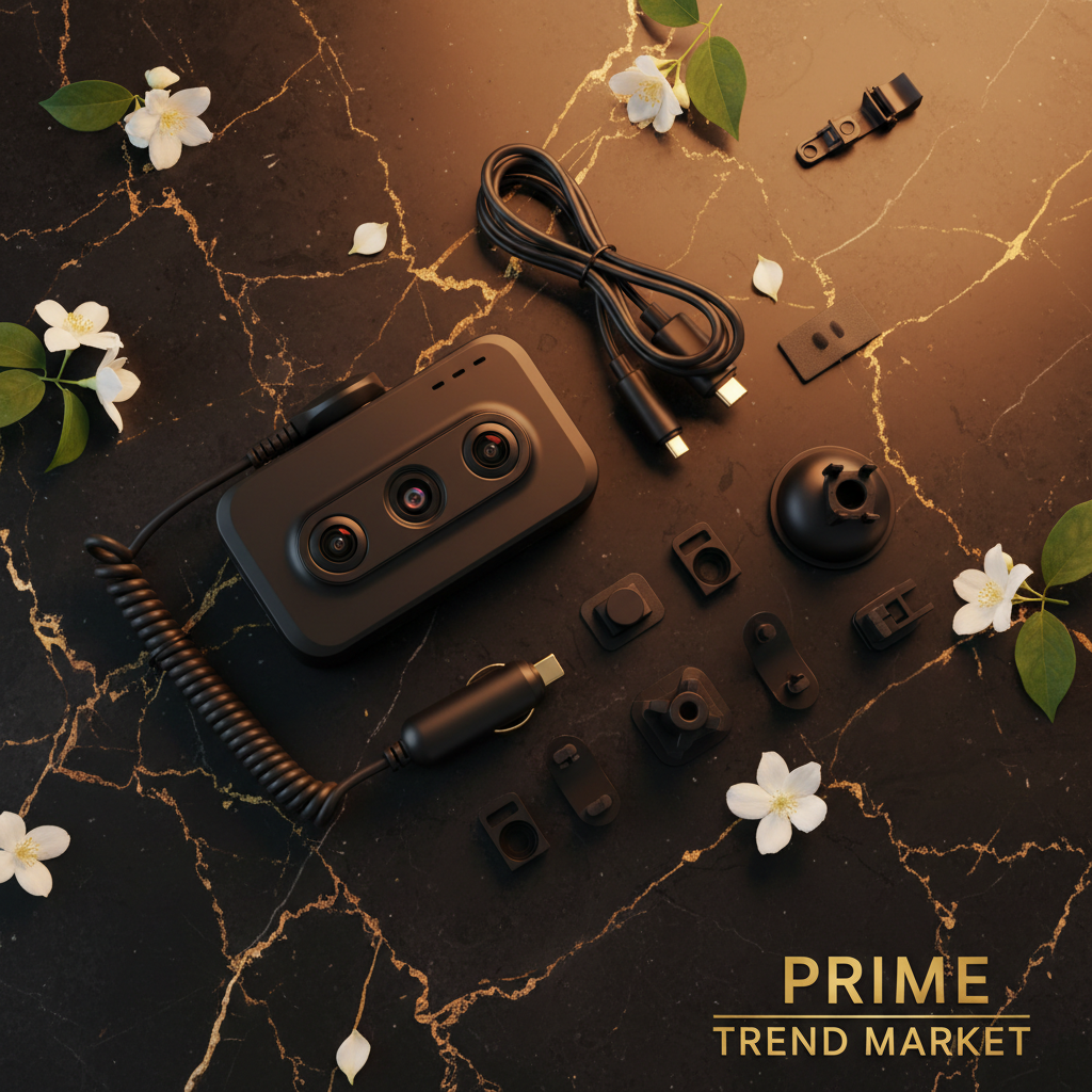 Flat lay of black 3-channel WiFi dash cam with accessories on black marble with jasmine flowers - Prime Trend Market
