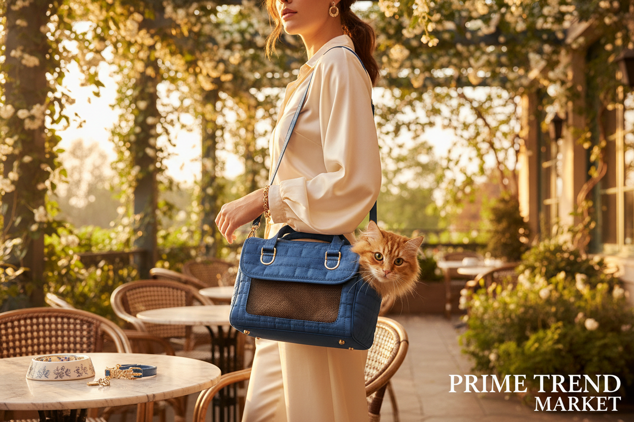 Woman carrying apple blue pet bag with cat