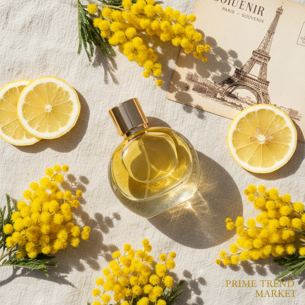 Yellow perfume flat lay with mimosa flowers and French postcard