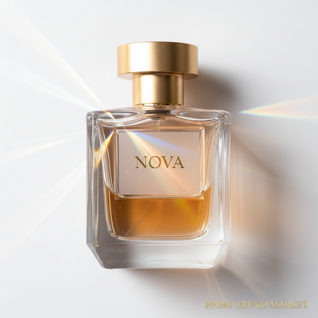Macro close-up of perfume bottle with rainbow prisms on white background