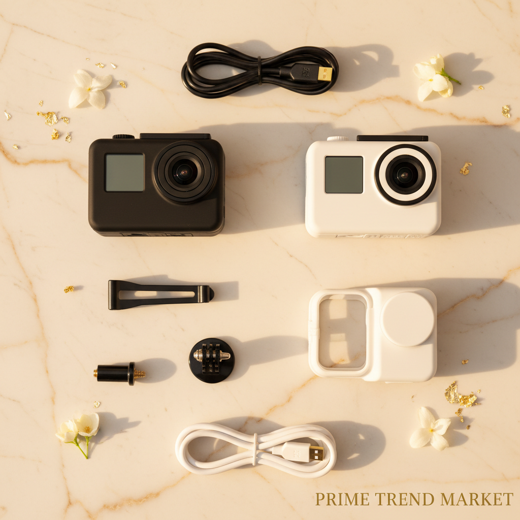 RideShot black and white cameras with accessories flat lay