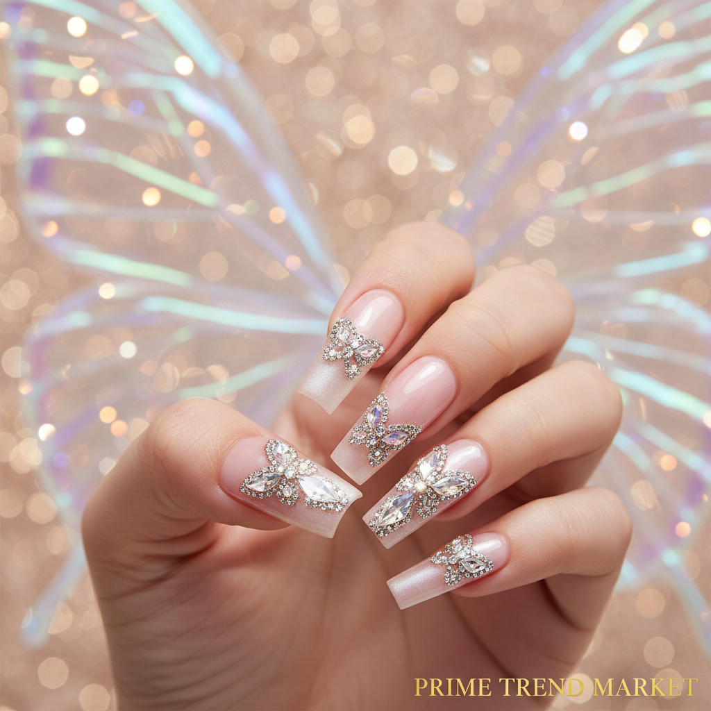 Hand wearing long square diamond rhinestone butterfly nail art press-on nails with crystal bokeh background