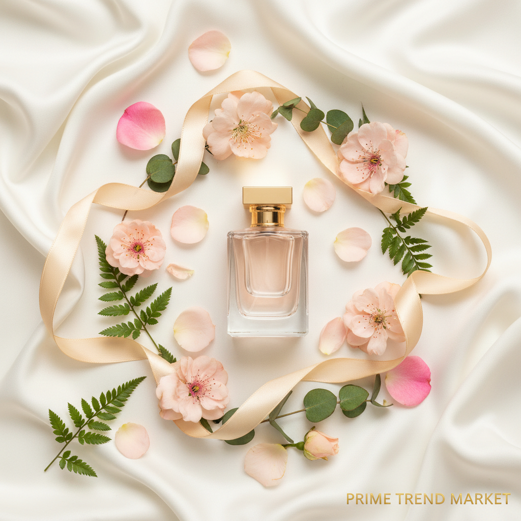 Flat lay of Foliage Silence perfume on cream silk with peach blossoms and gold ribbon