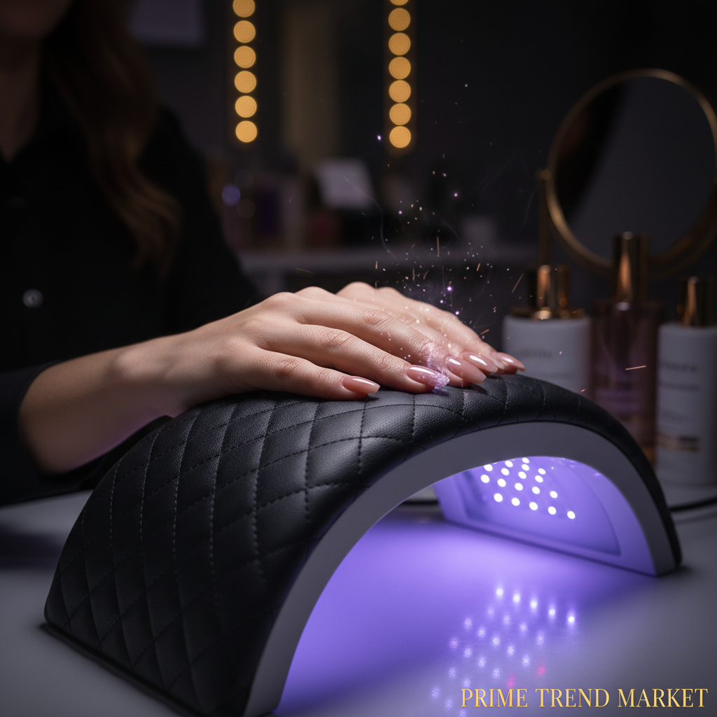 Hands inside UV LED nail lamp with purple UV glow curing gel nails