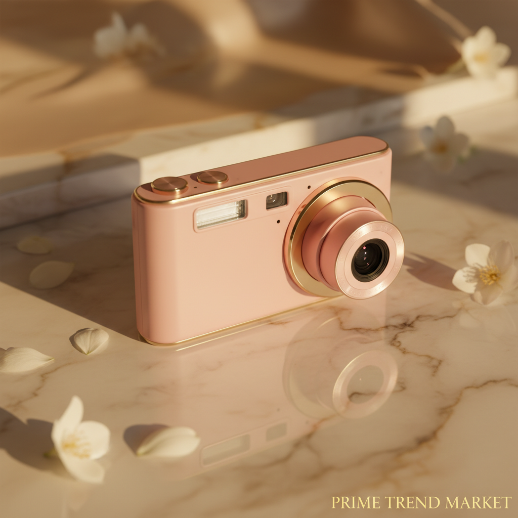 VlogShot Pink dual-screen camera on ivory marble
