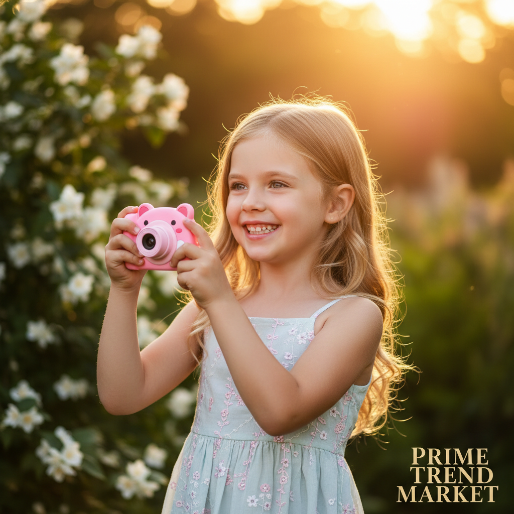 Young girl using pink kids digital camera outdoors at golden hour — Prime Trend Market