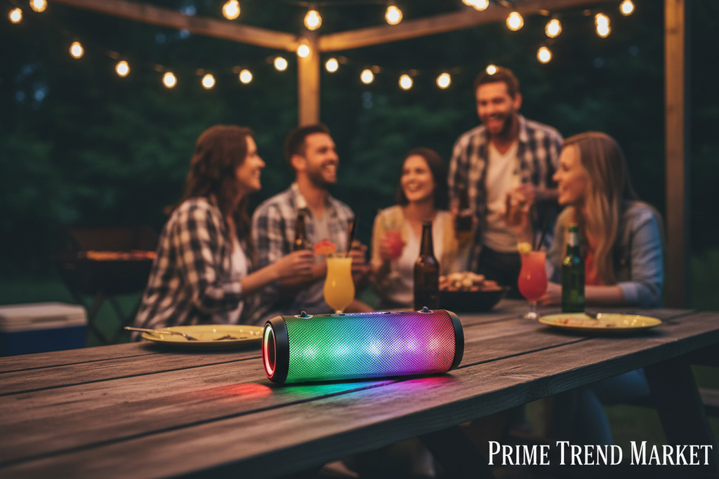 RGB Party Speaker - Outdoor BBQ patio lifestyle with colorful LED glow