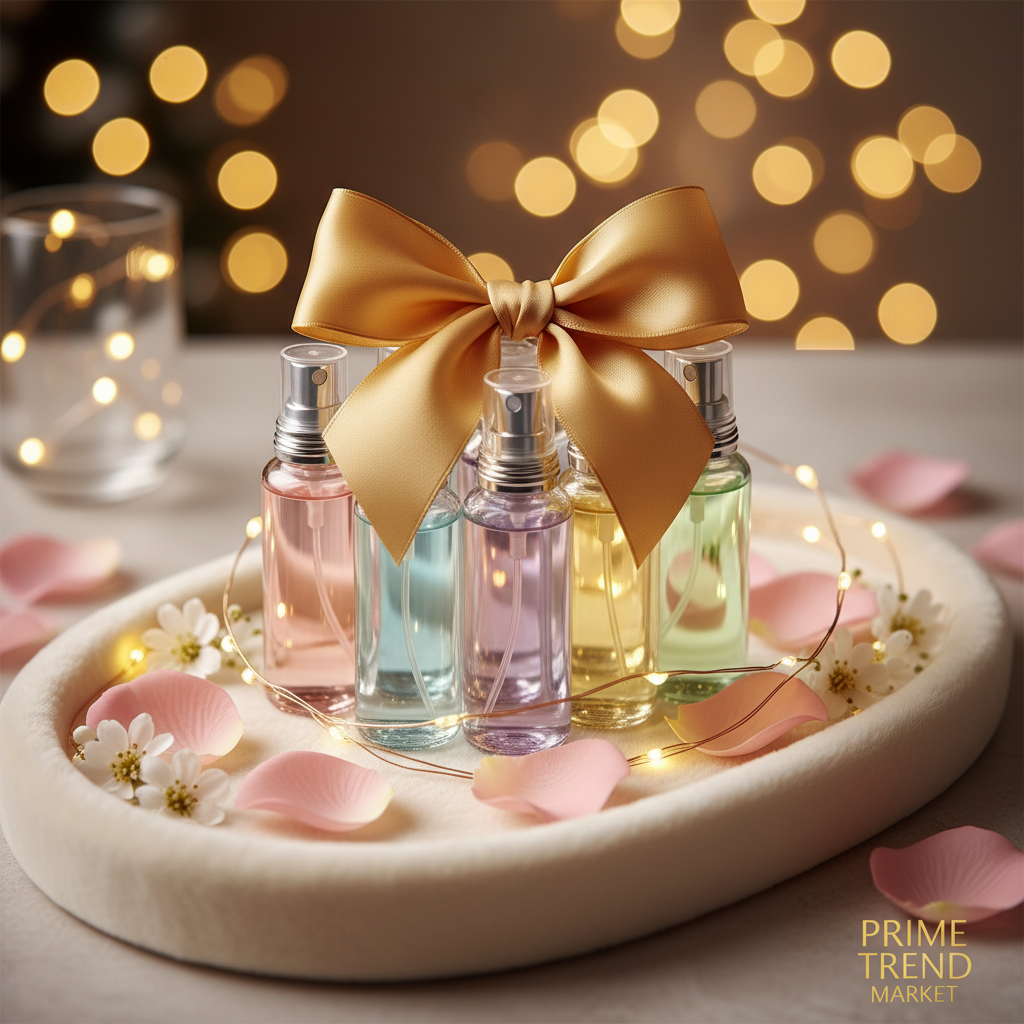Holiday gift tray with 6 perfume bottles, gold bow and fairy lights