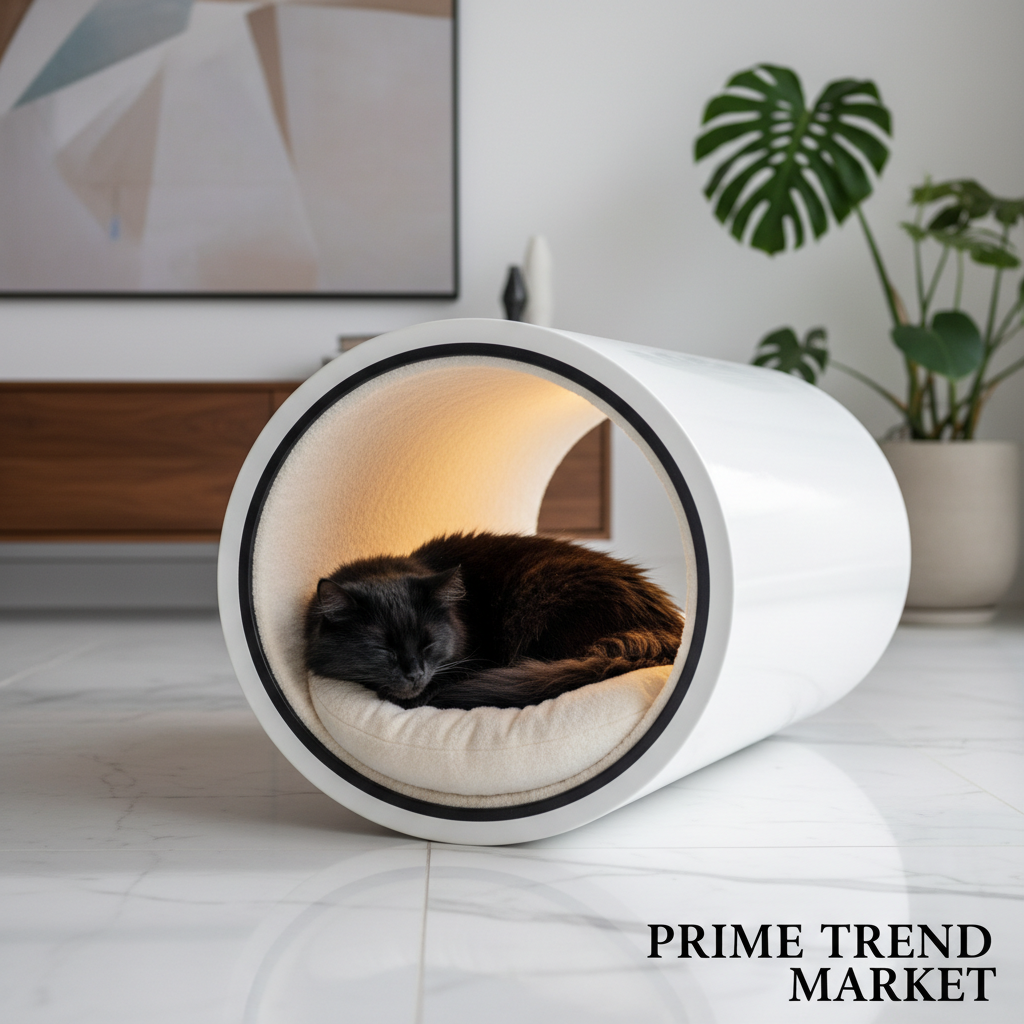 Fluffy black cat sleeping inside premium space capsule cat house flannel tunnel bed