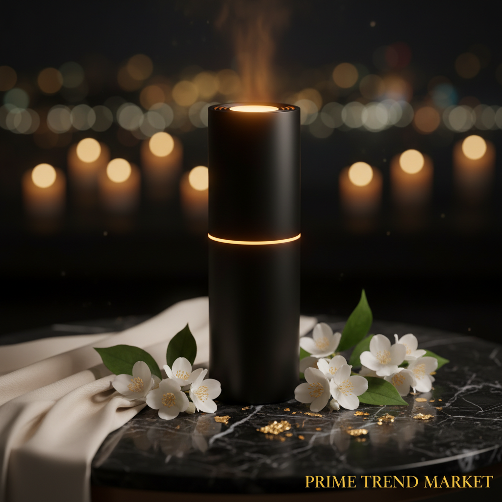 Luxury Hotel-Grade Aroma Diffuser on dark marble with jasmine flowers and gold accents