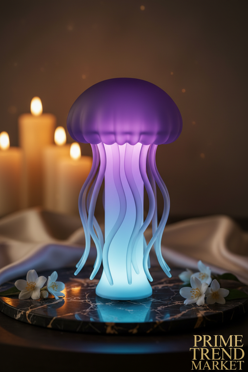 Jellyfish Bluetooth Speaker - Purple blue hero shot on marble with jasmine flowers